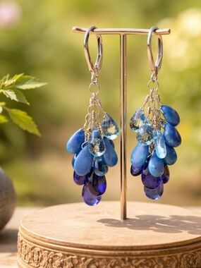 New Handmade Natural Kyanite | Black Opal Earrings Solid 14K White Gold 585